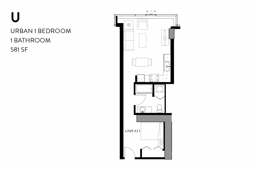 Floor plan for 1 bed, 1 bath, 610 sqft